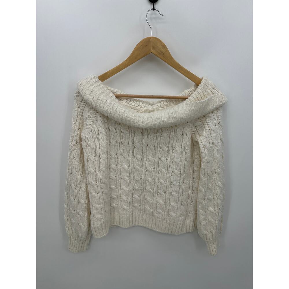 American Eagle Sweater Women Small Cream Fisherman‎ Off Shoulder Knit Boxy Crop